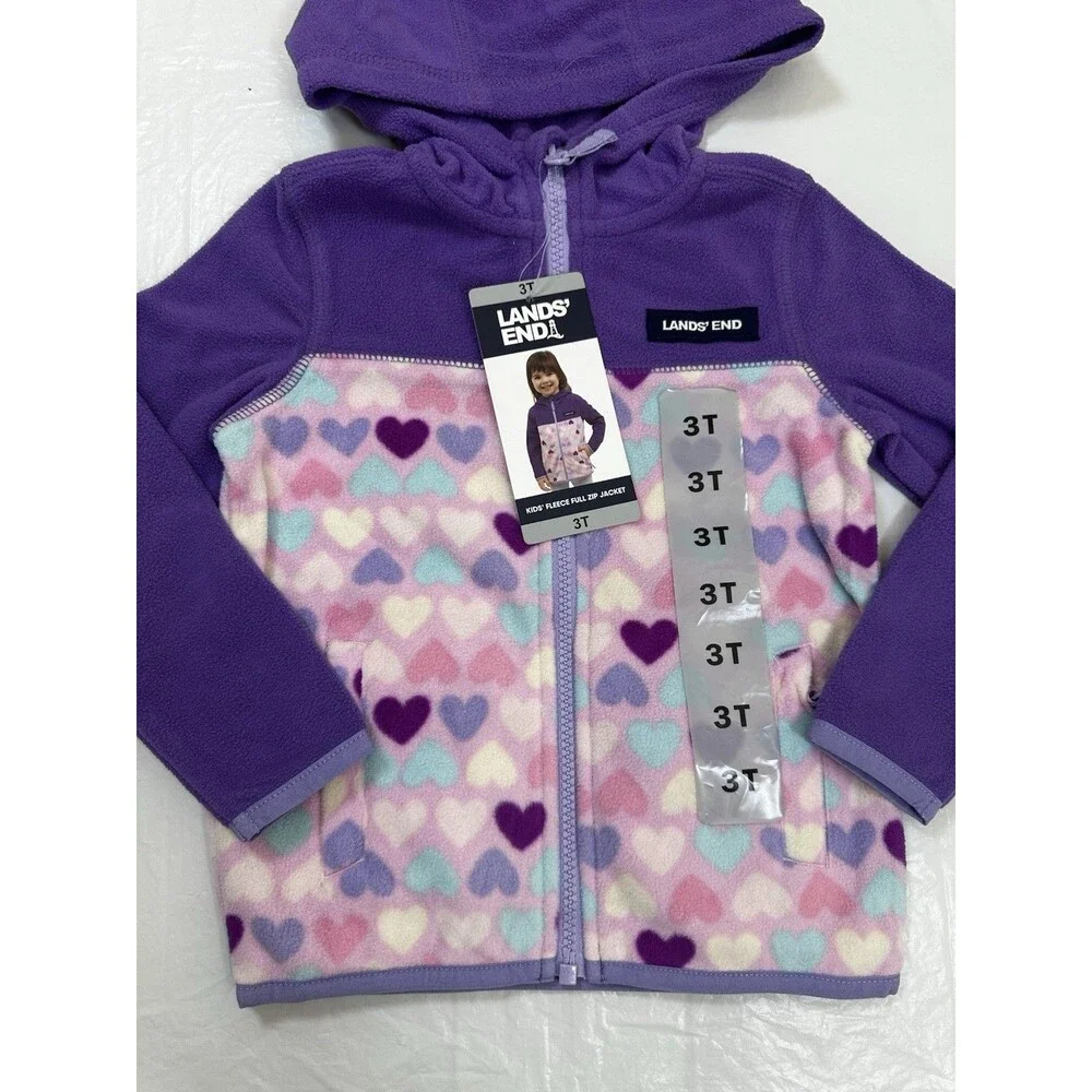NEW Lands End Kids Fleece Long Sleeve Full Zip Jacket Purple Hearts sz 3T